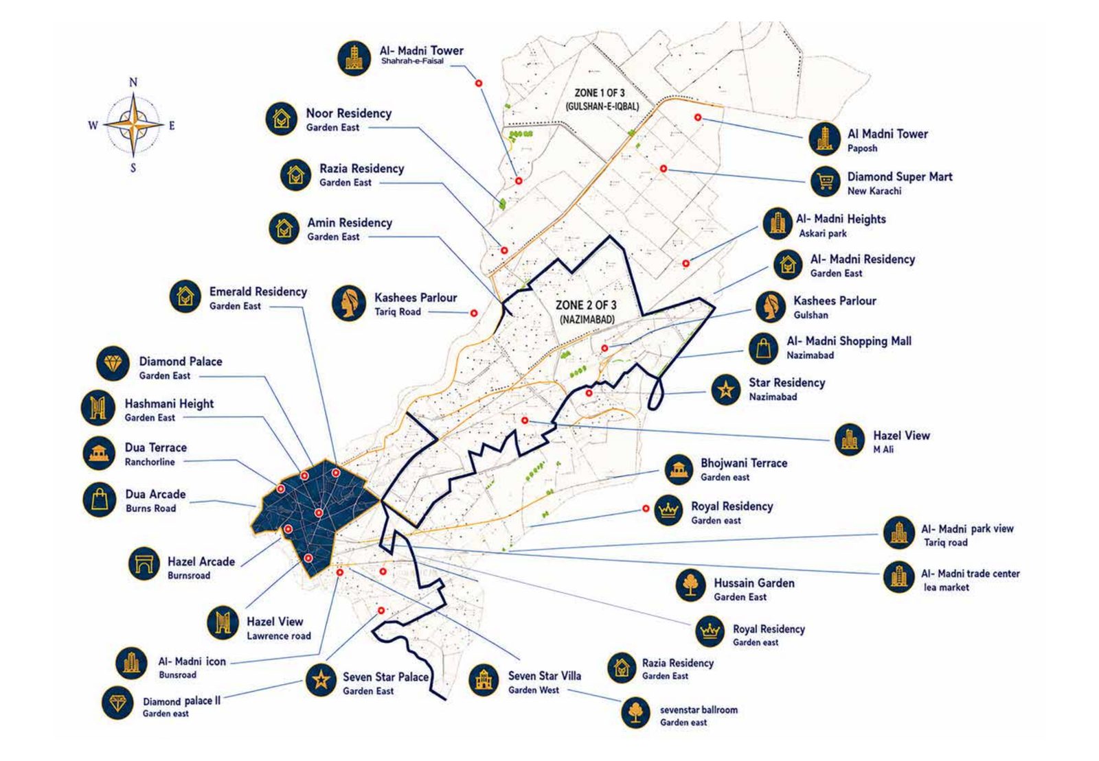 Map of 7 Star Builders projects across Karachi